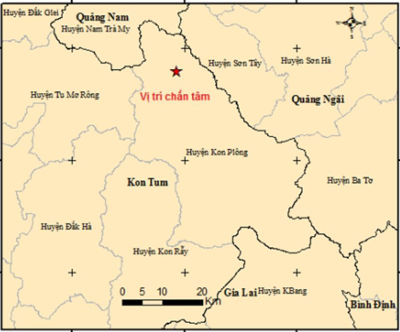 Bản đồ tâm chấn động đất tại Kon Tum sáng 09/02. (Ảnh Viện Vật lý địa cầu).