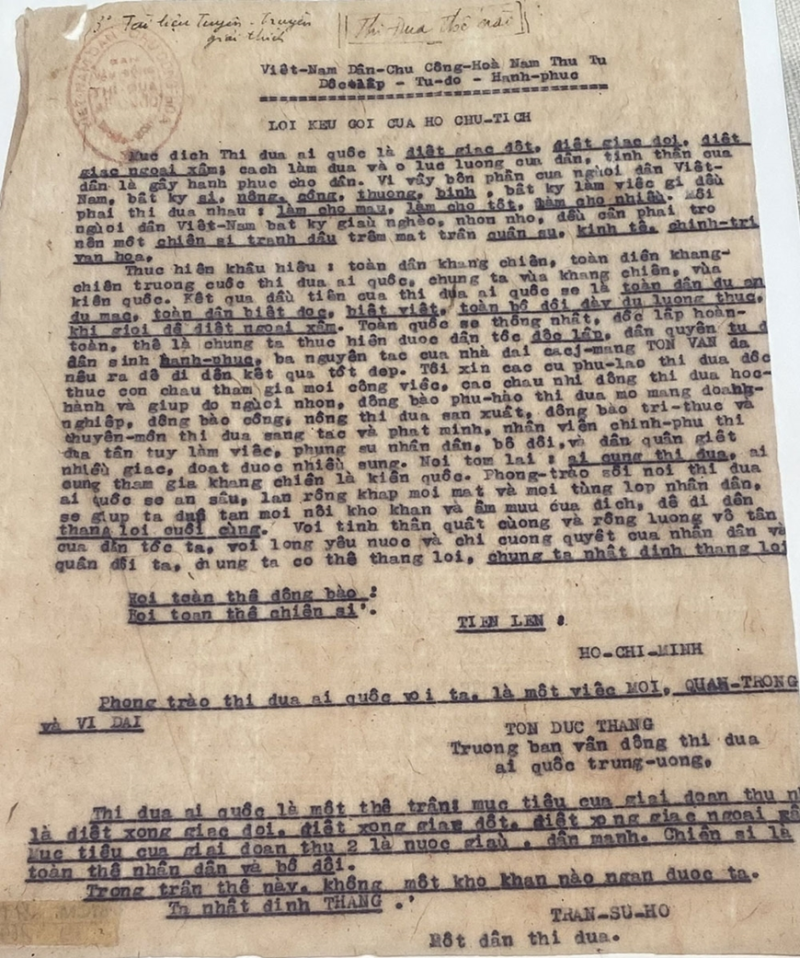 Lời kêu gọi của Chủ tịch Hồ Chí Minh về thi đua ái quốc ngày 11-6-1948 (tài liệu tuyên truyền-bản đánh máy trên giấy dó).