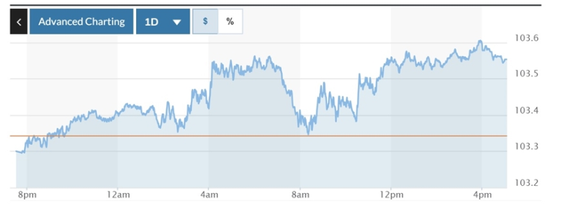 Biểu đồ biến động Chỉ số DXY trong 24 giờ qua. Ảnh: Marketwatch