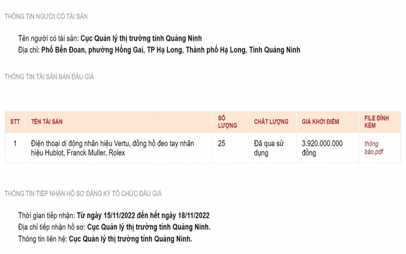 Cục Quản lý thị trường Quảng Ninh bán đấu giá loạt đồng hồ, điện thoại hạng sang