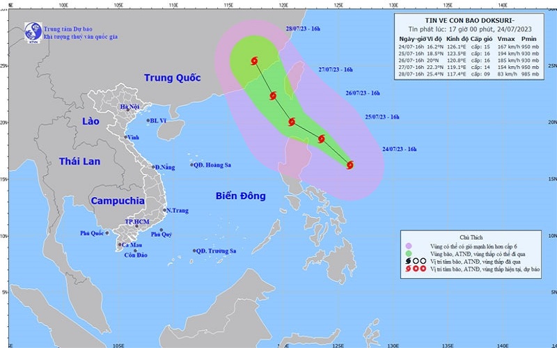 Thời tiết hôm nay 25-7: Bão DOKSURI có cường độ mạnh cấp 14-15