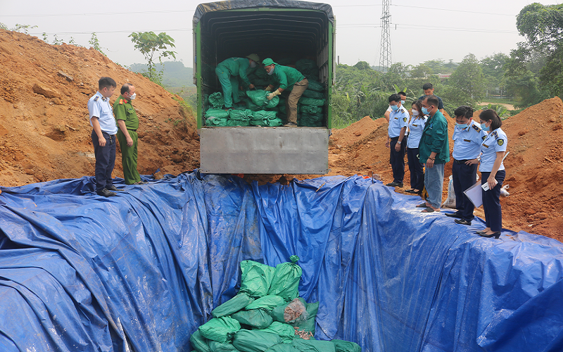 Giám sát việc thực hiện buộc tiêu hủy gần 7 tấn Chân gà đông lạnh không rõ nguồn gốc xuất xứ