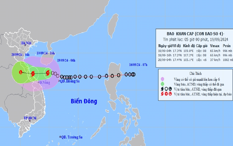 Thời tiết hôm nay (19-9): Áp thấp nhiệt đới đã mạnh lên thành bão số 4, cách Đà Nẵng 210km về phía Đông Bắc