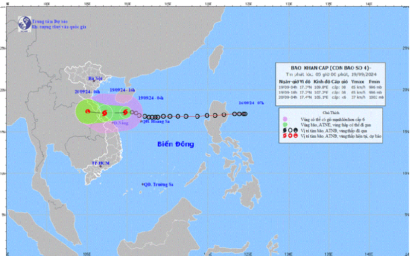 Bão số 4 hiện cách Đà Nẵng khoảng 160km, chiều nay sẽ đổ bộ Quảng Trị - Quảng Nam