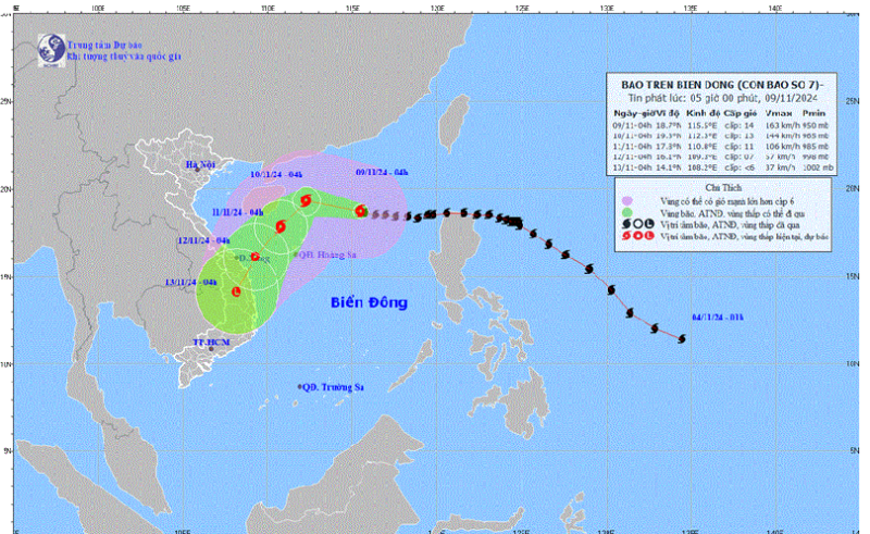 Thời tiết hôm nay (9-11): Sức gió mạnh nhất vùng gần tâm bão số 7 mạnh cấp 14
