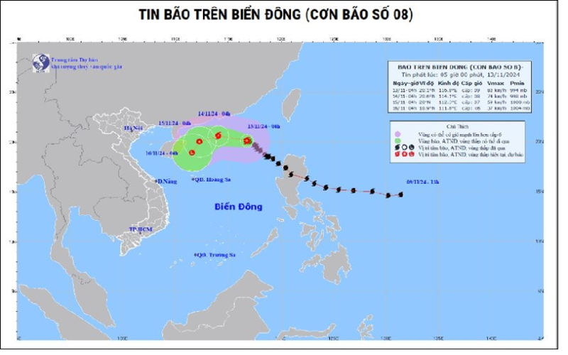 Thời tiết hôm nay (13-11): Bão số 8 tiếp tục hướng về miền Trung