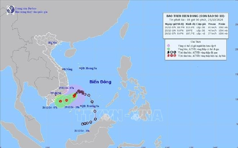 Thời tiết ngày 25-12: Bão số 10 suy yếu thành áp thấp nhiệt đới