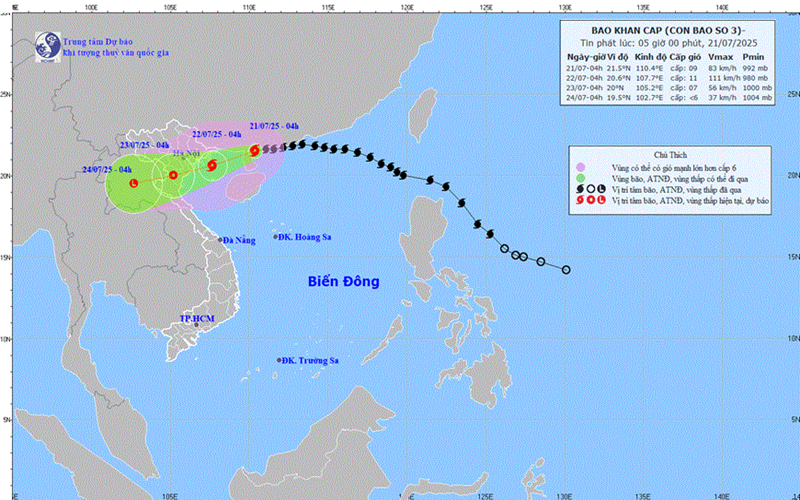 Bão số 3 (Wipha) giật cấp 11 và có khả năng mạnh lên, cách Quảng Ninh-Hải Phòng khoảng 275km
