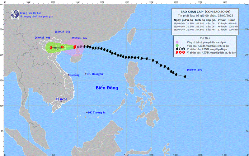 Thời tiết hôm nay (25-9): Bão số 9 cách Móng Cái (Quảng Ninh) khoảng 170km, gió giật cấp 11