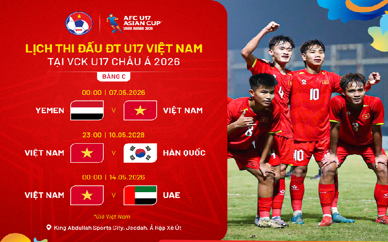 Lịch thi đấu U17 Việt Nam tại giải U17 châu Á 2026