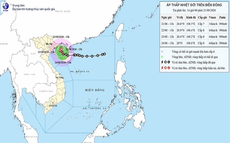 Áp thấp nhiệt đới tiếp tục đổi hướng, cách đặc khu Bạch Long Vĩ khoảng 110km